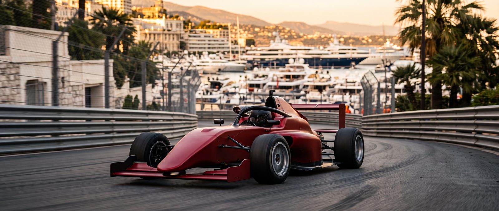 A red single-seater race car on a Mediterranean street circuit