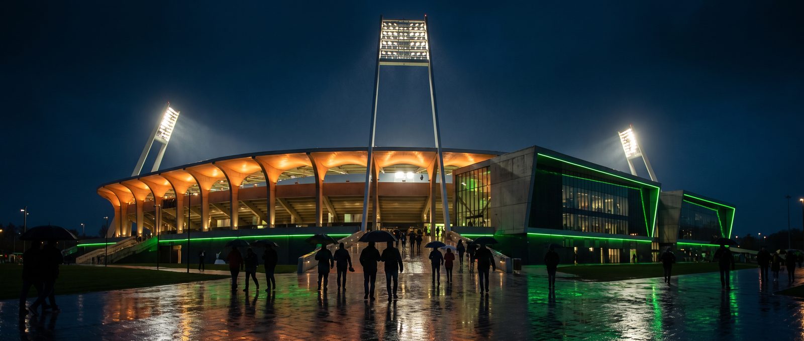 A floodlit stadium exterior on a matchday evening