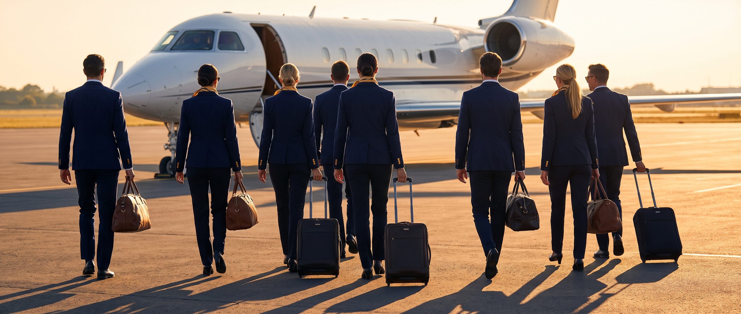 A group of travellers crossing an airport apron towards their aircraft at golden hour