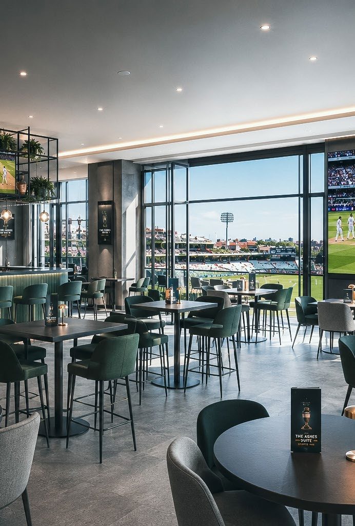 Bar seating and pitch-facing windows in the Ashes Suite at The Kia Oval